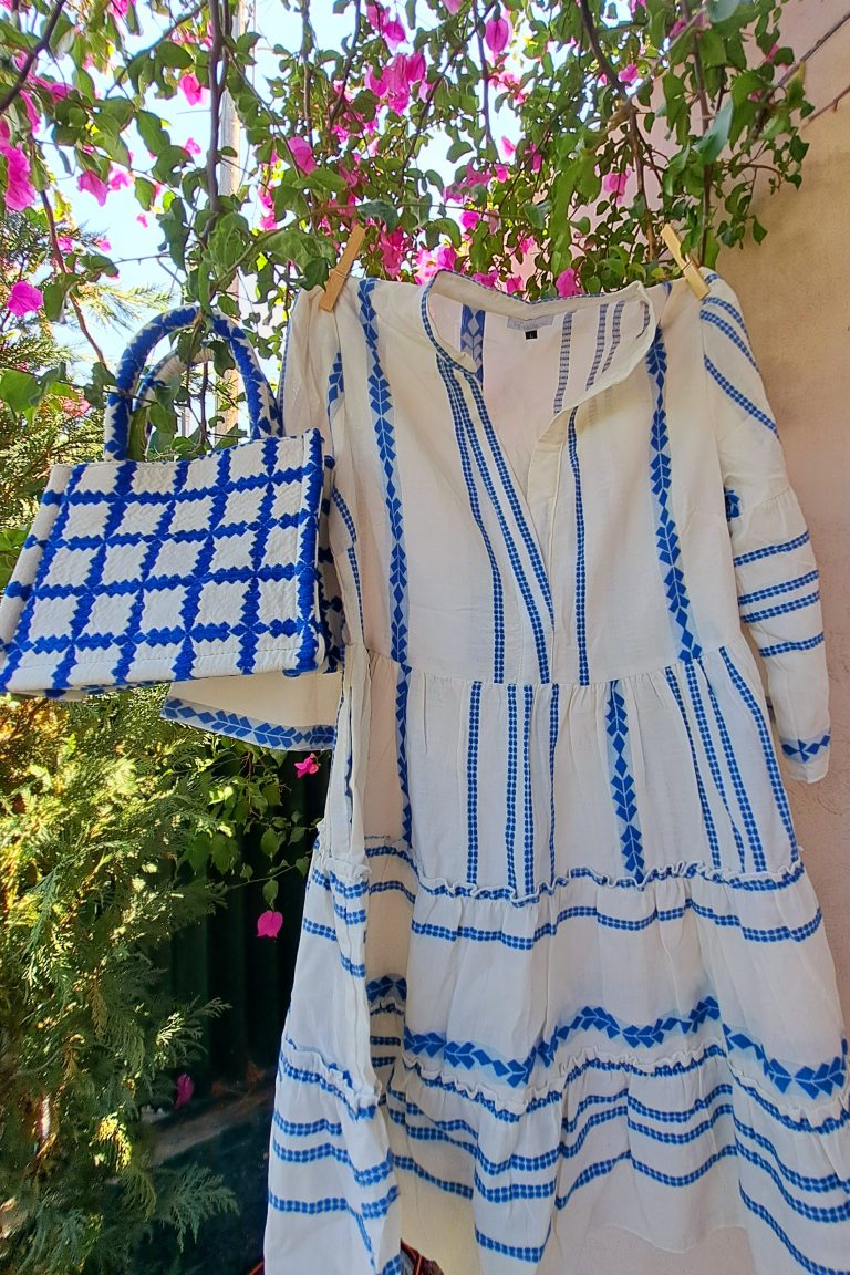 Blue & ecru caftan with Greek pattern