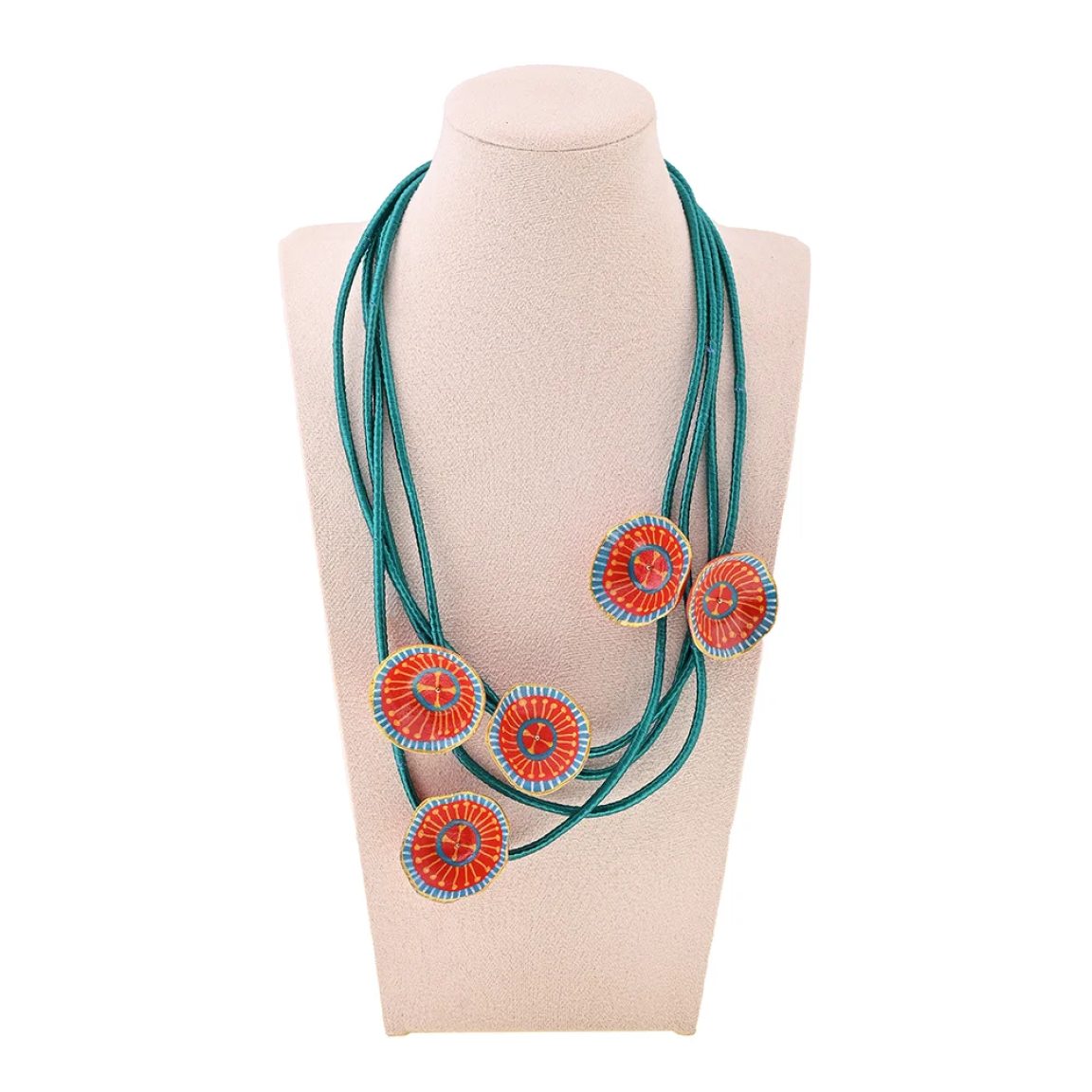 Long necklace with red and blue ornaments