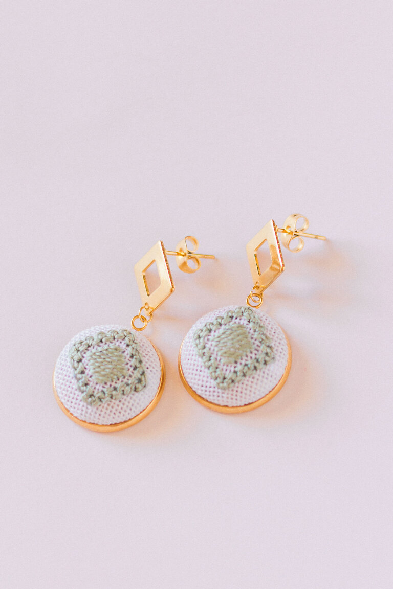 Green hand-embroidered earrings