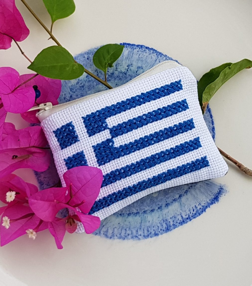 Mini hand-embroidered pochette with Greek flag