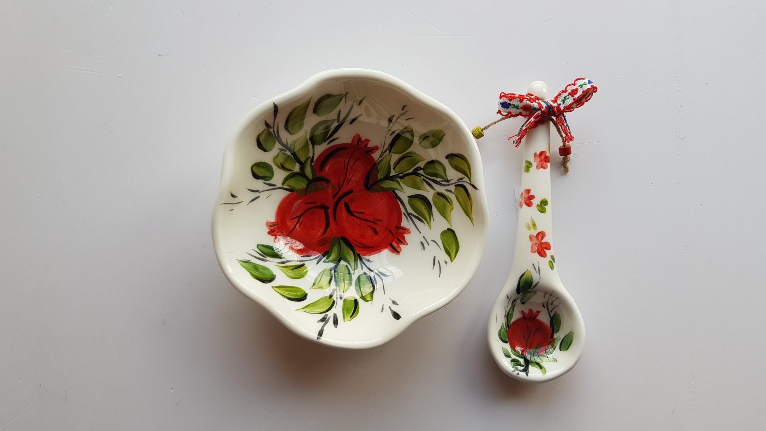 Handmade bowl & spoon with pomegranates