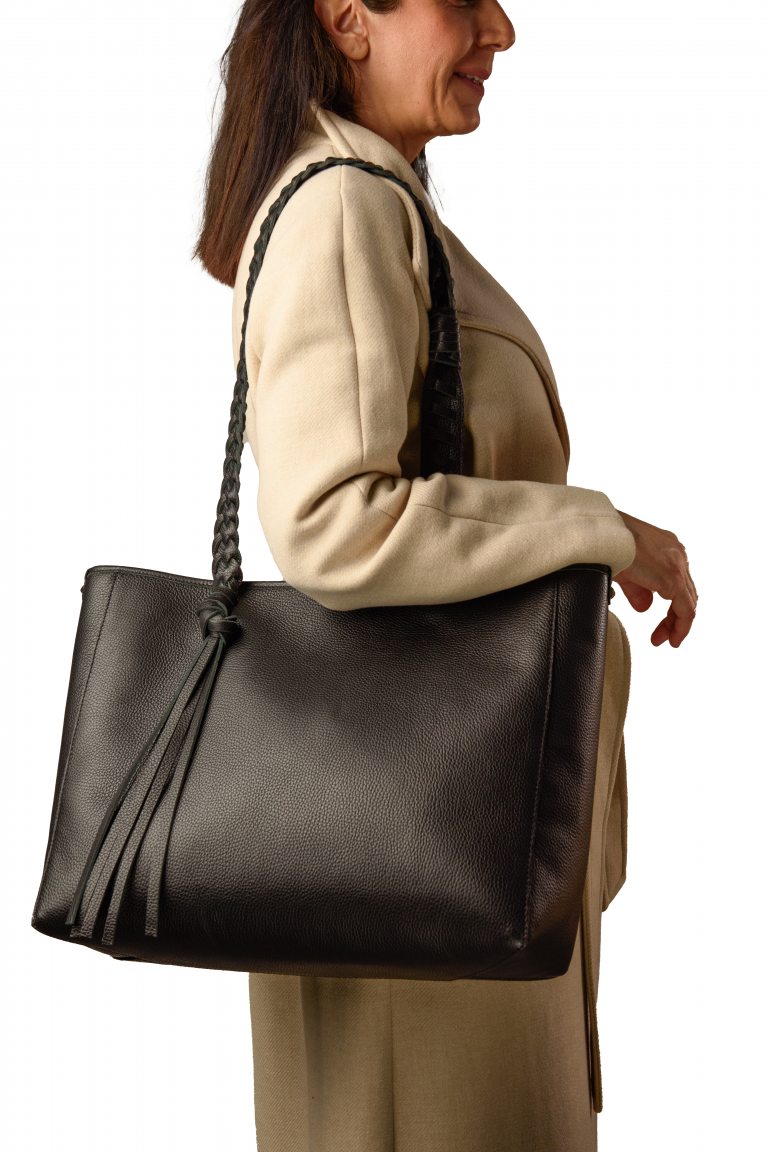 Large black leather tote