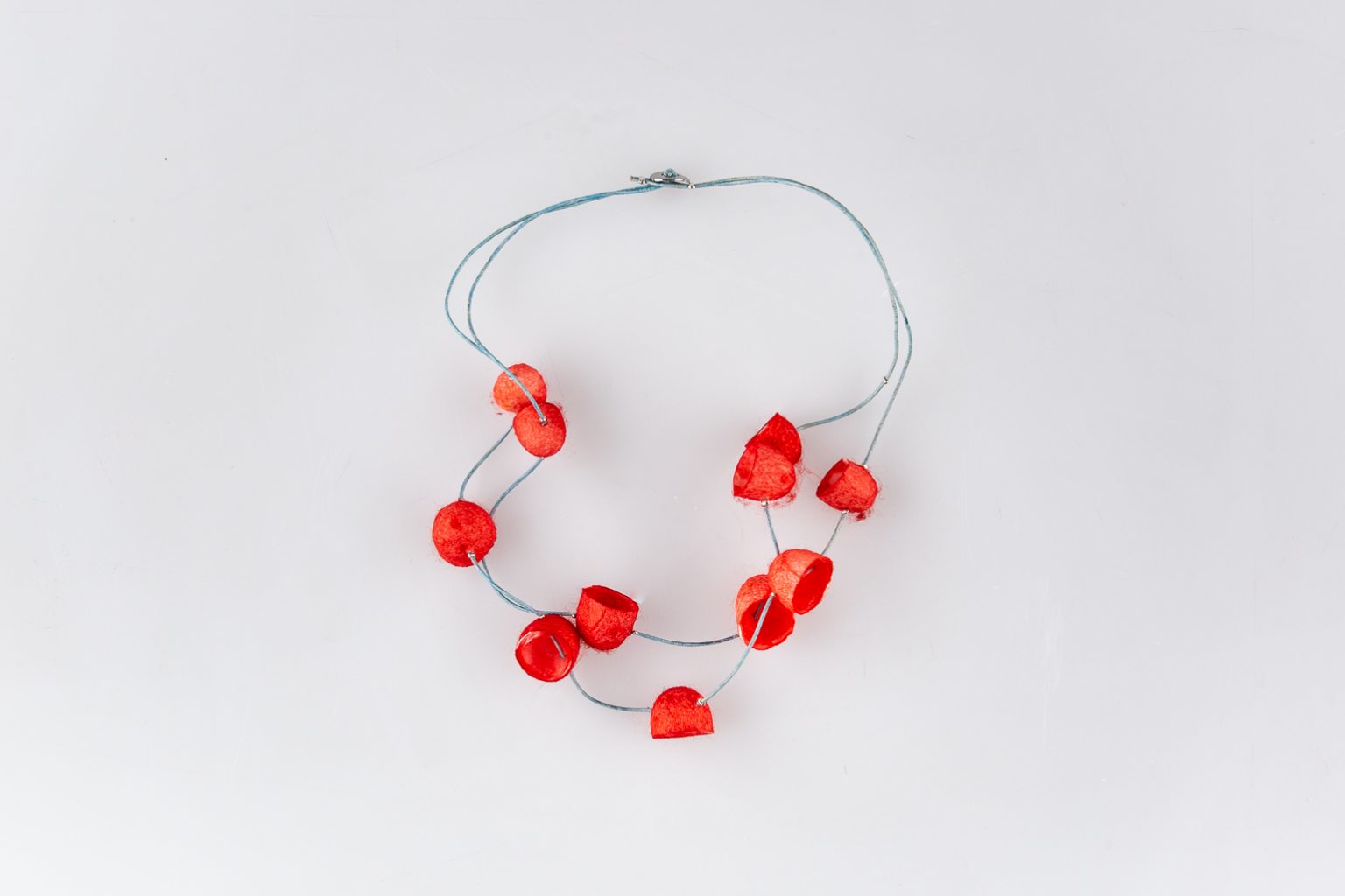 Necklace with red silk cocoons "Planets"