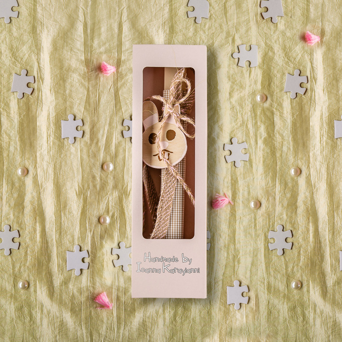 Handmade Easter candle with wooden bunny