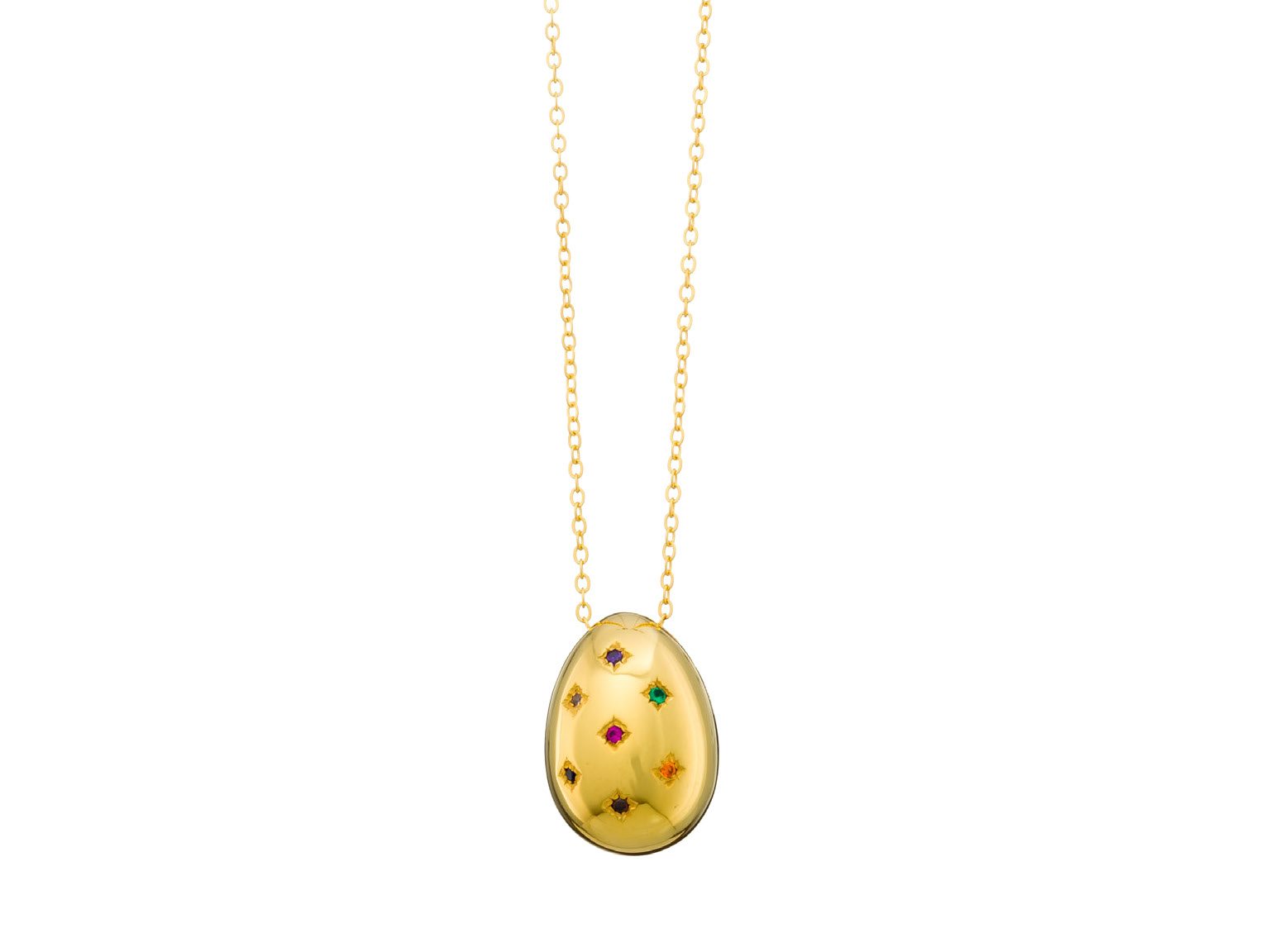 Gold plated egg pendant with multicoloured zircons