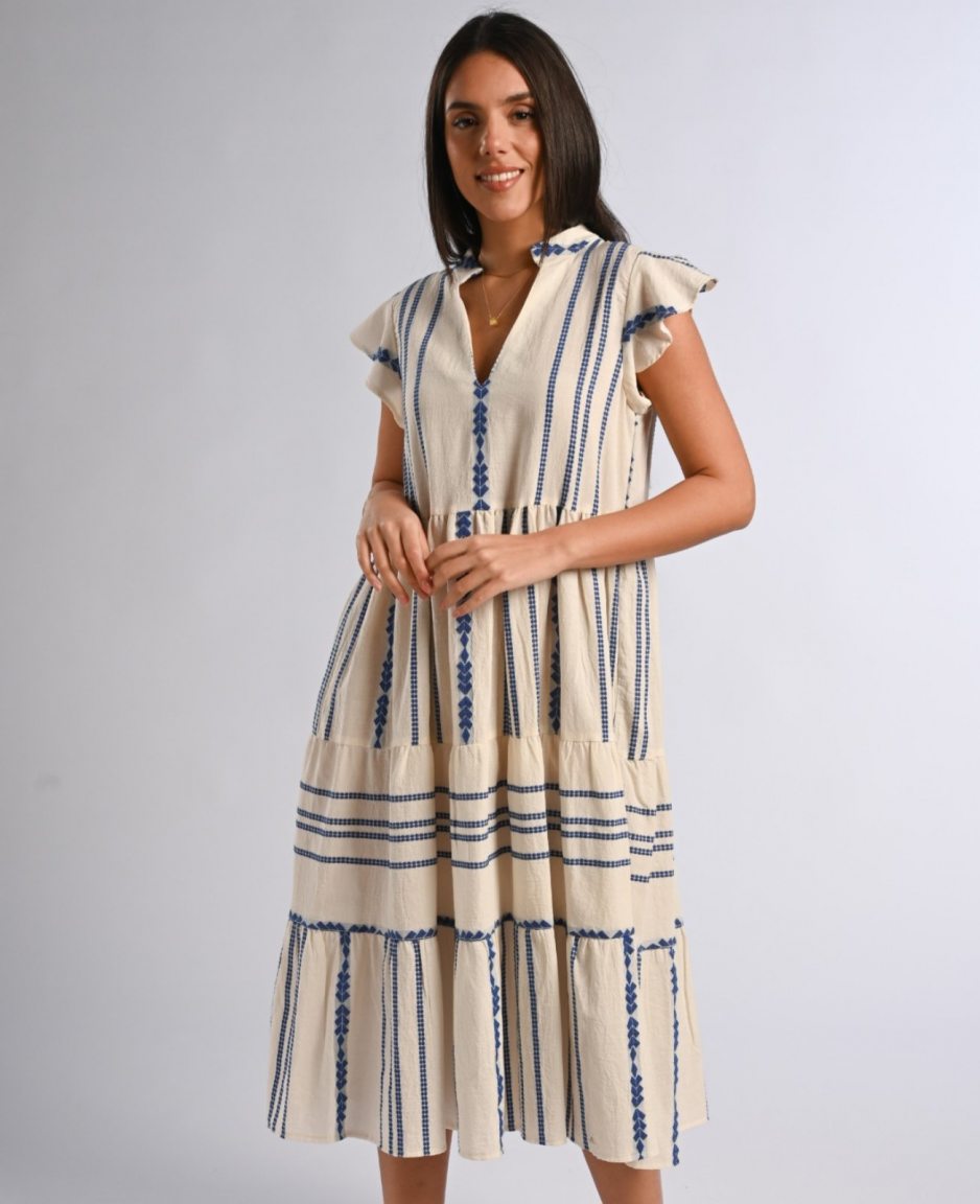 Midi caftan with blue Greek pattern