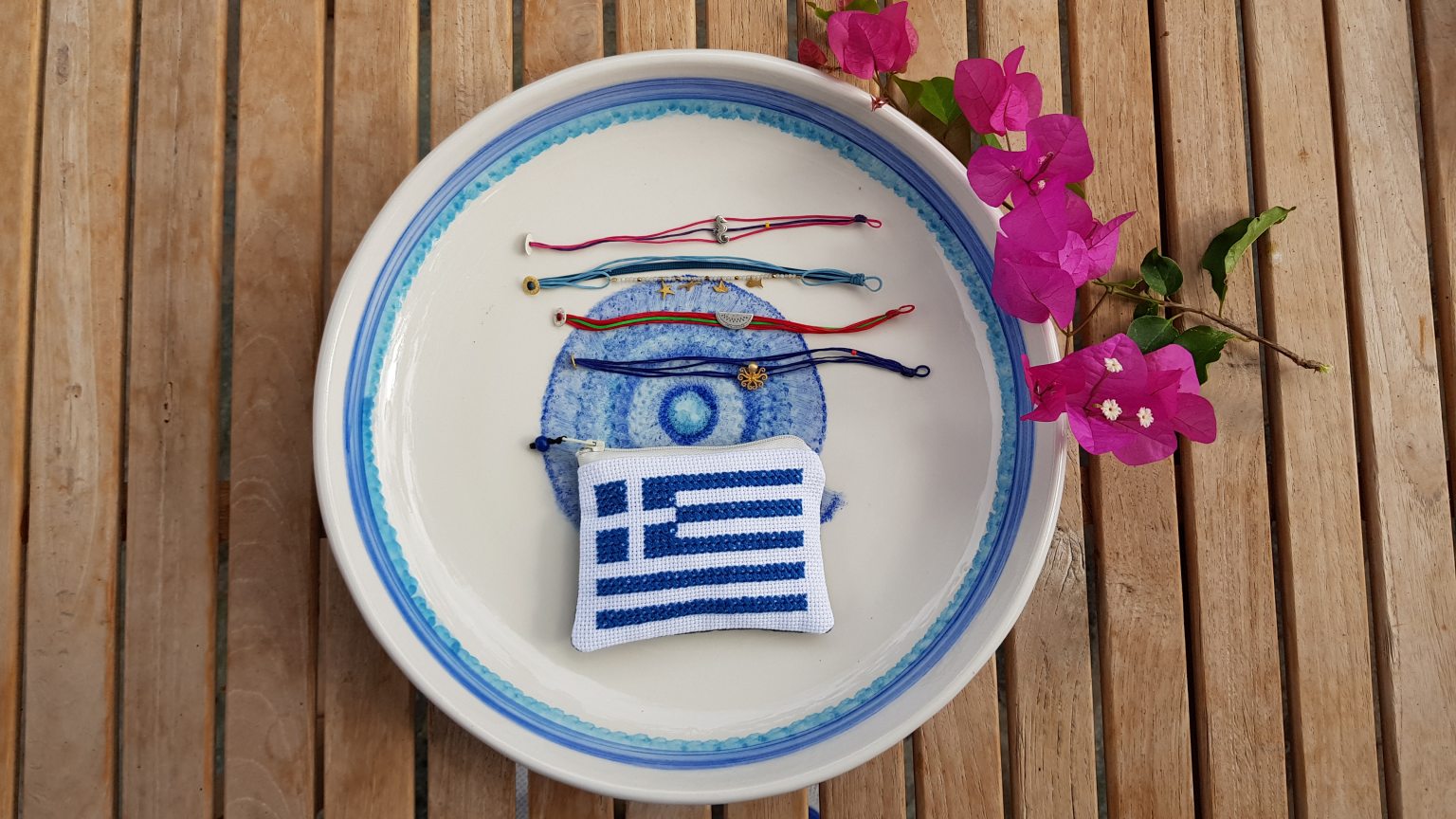 Mini hand-embroidered pochette with Greek flag