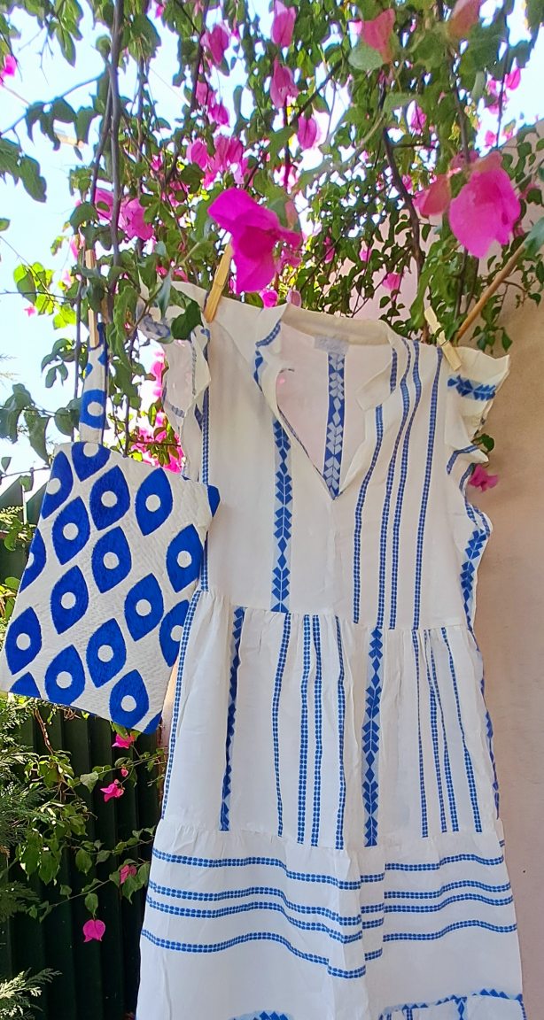 Midi caftan with blue Greek pattern