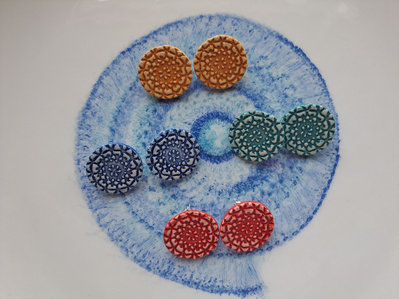 Handmade ceramic round blue earrings
