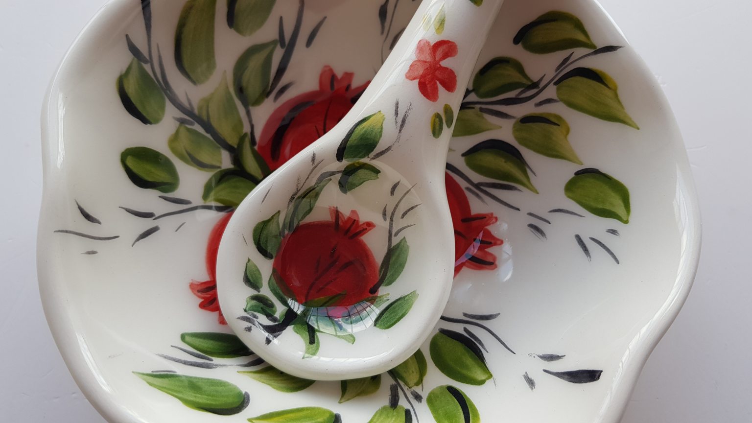 Handmade bowl & spoon with pomegranates