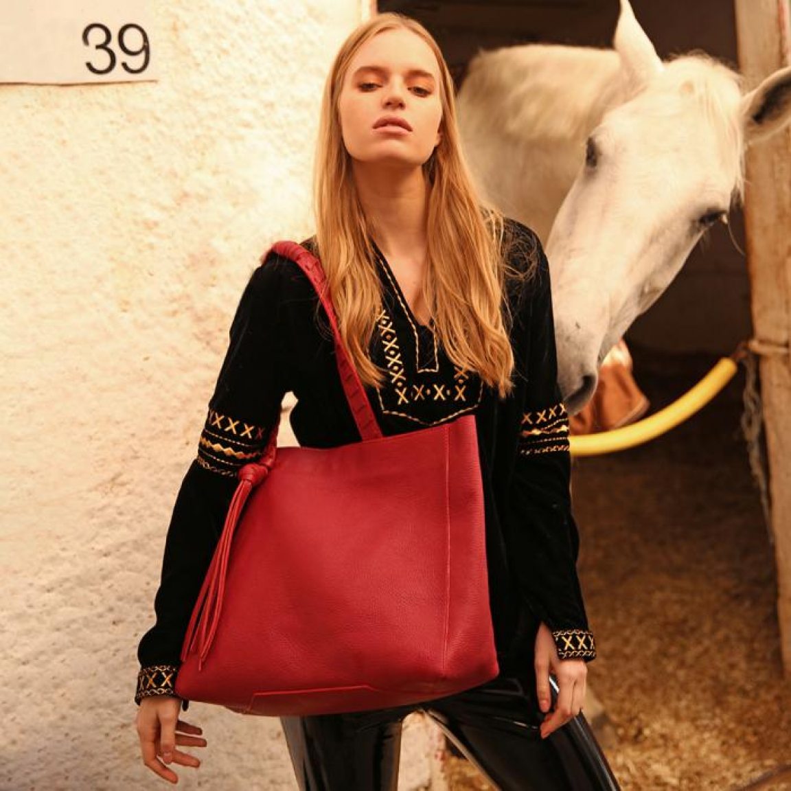 Large red leather tote bag