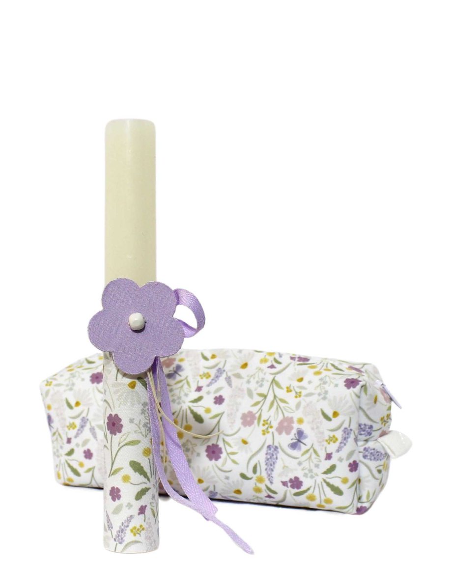 Bougie artisanale avec trousse à crayons « Fleurs violettes »