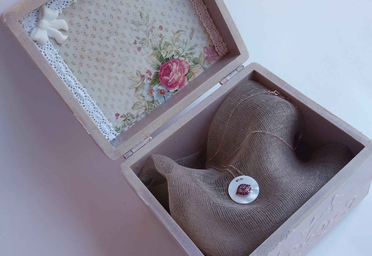 Wooden box with pink butterflies