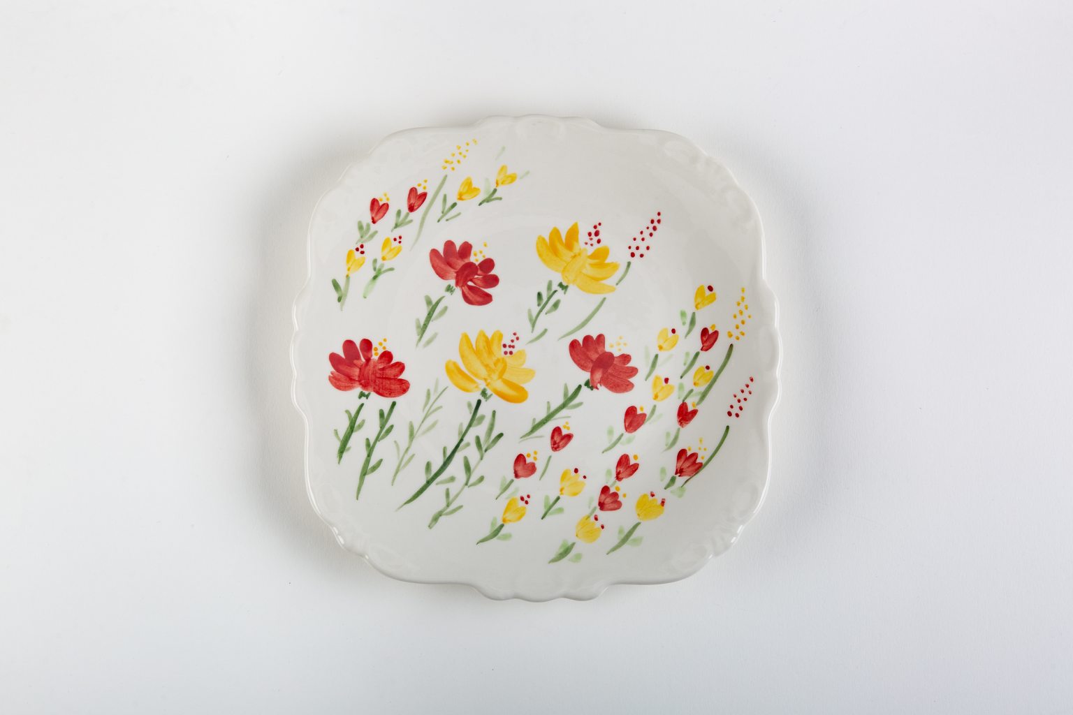 Handmade large platter with yellow & red flowers