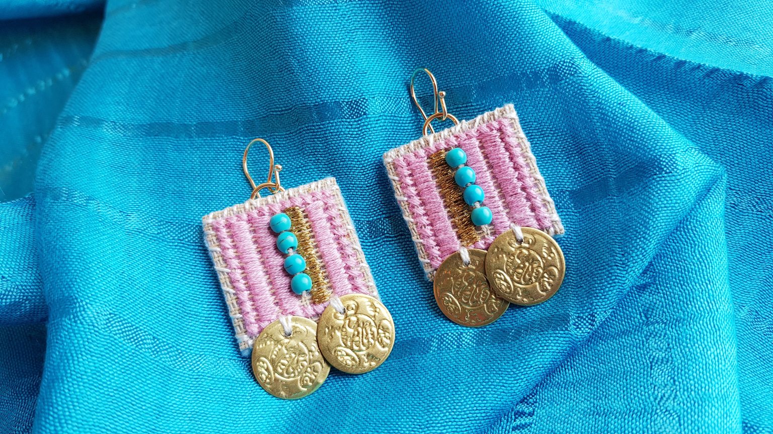 Pink hand-stitched earrings with turquoise "chaolites" & coins