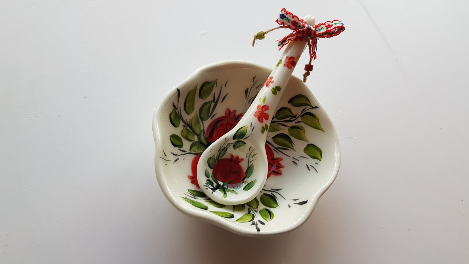 Handmade bowl & spoon with pomegranates