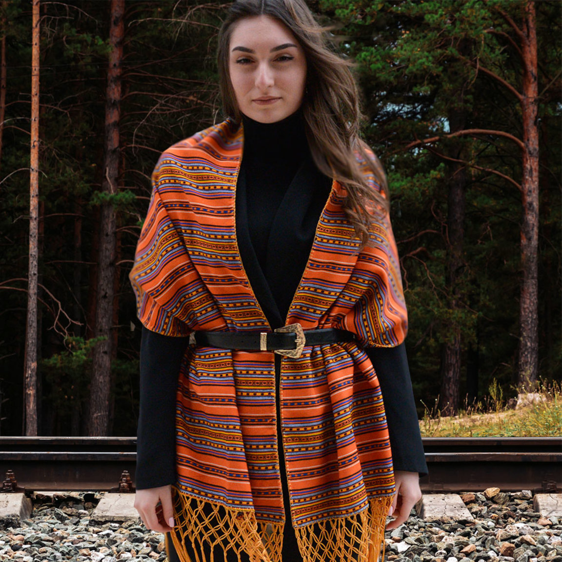 Orange shawl with handmade silk fringe edge