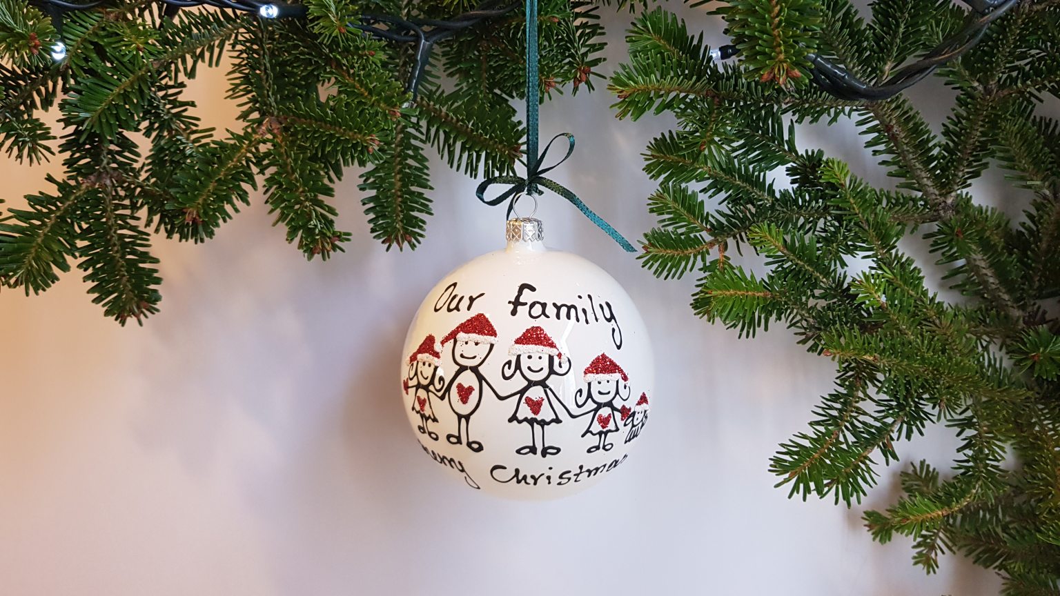 Large hand-blown bauble with family (2 girls and dog)
