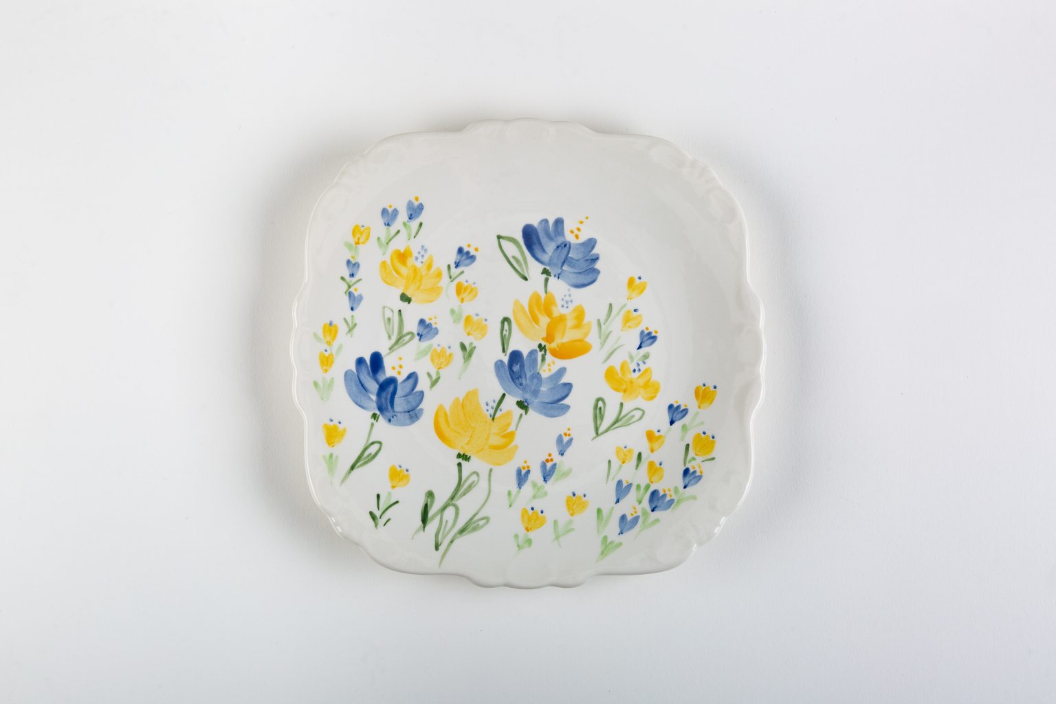 Handmade large platter with yellow & blue flowers