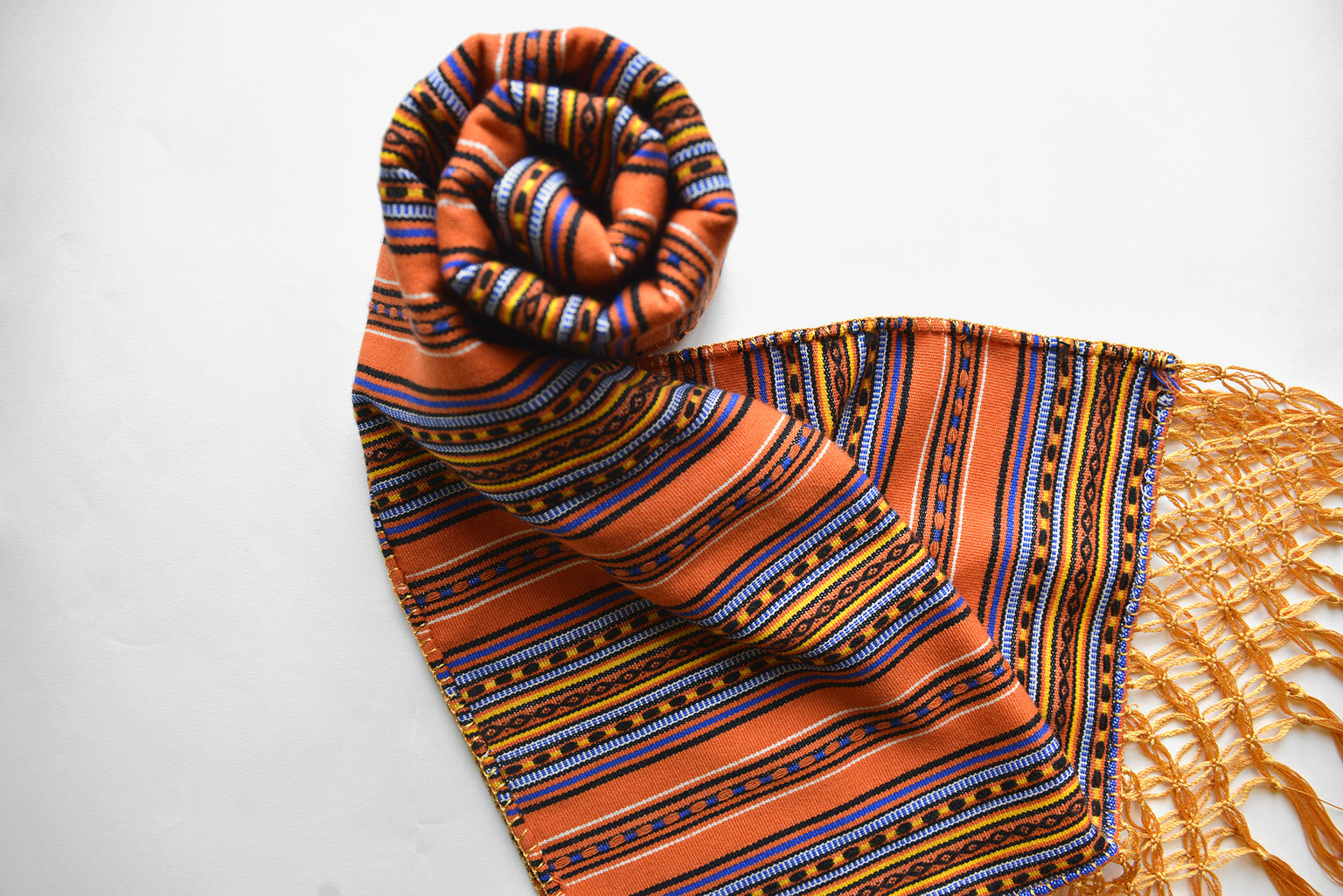 Orange shawl with handmade silk fringe edge