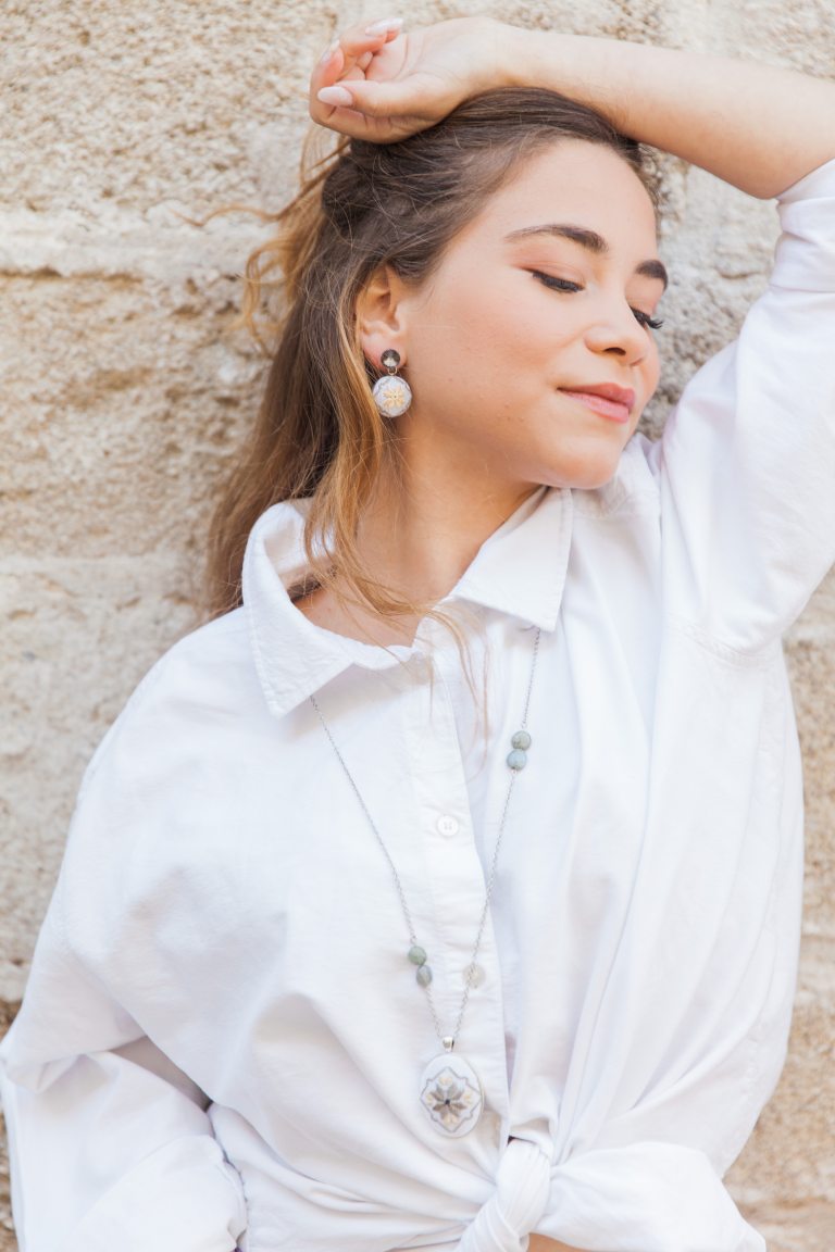 Golden hand-embroidered earrings