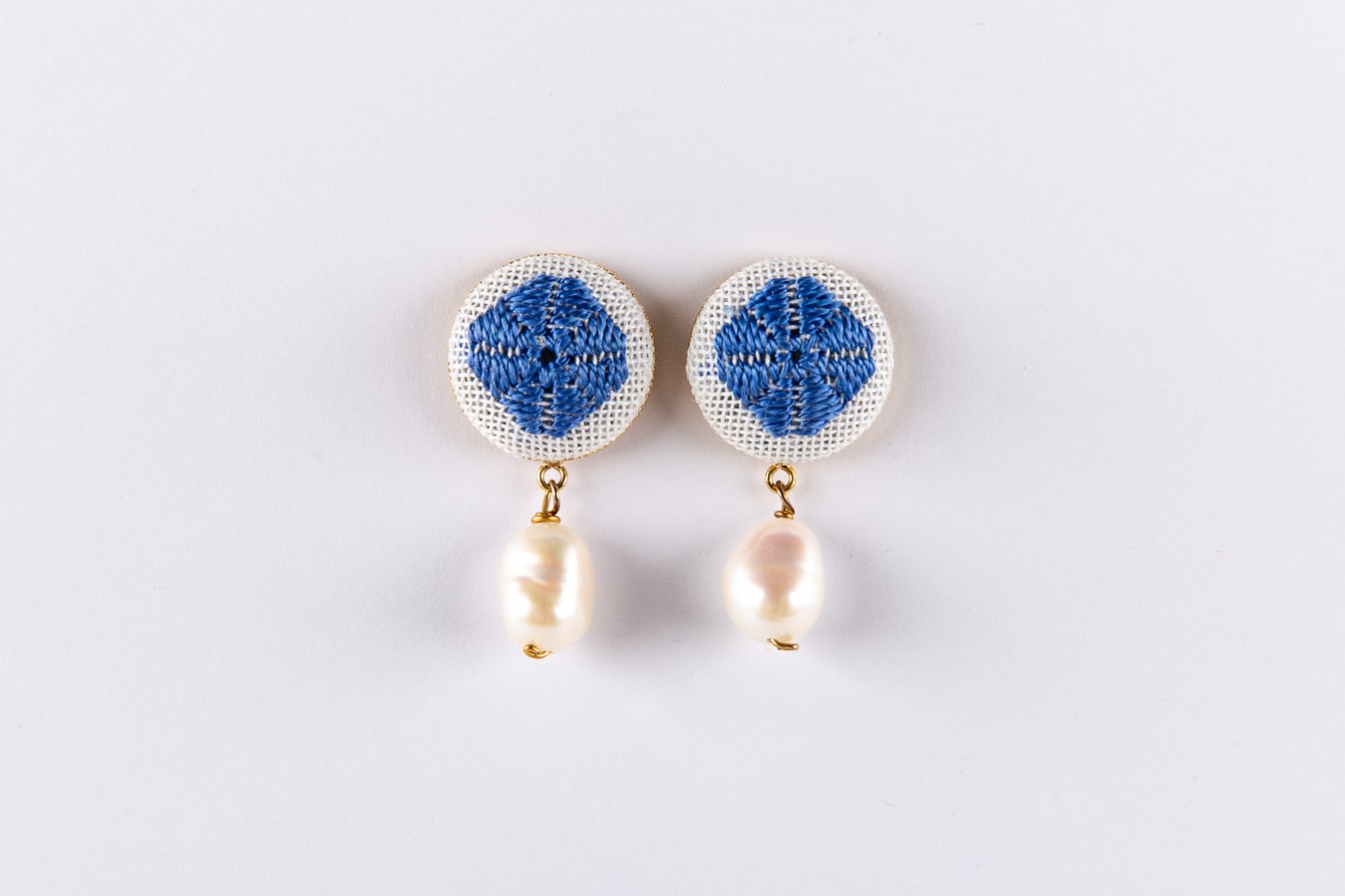 Blue hand-embroidered earrings with pearls