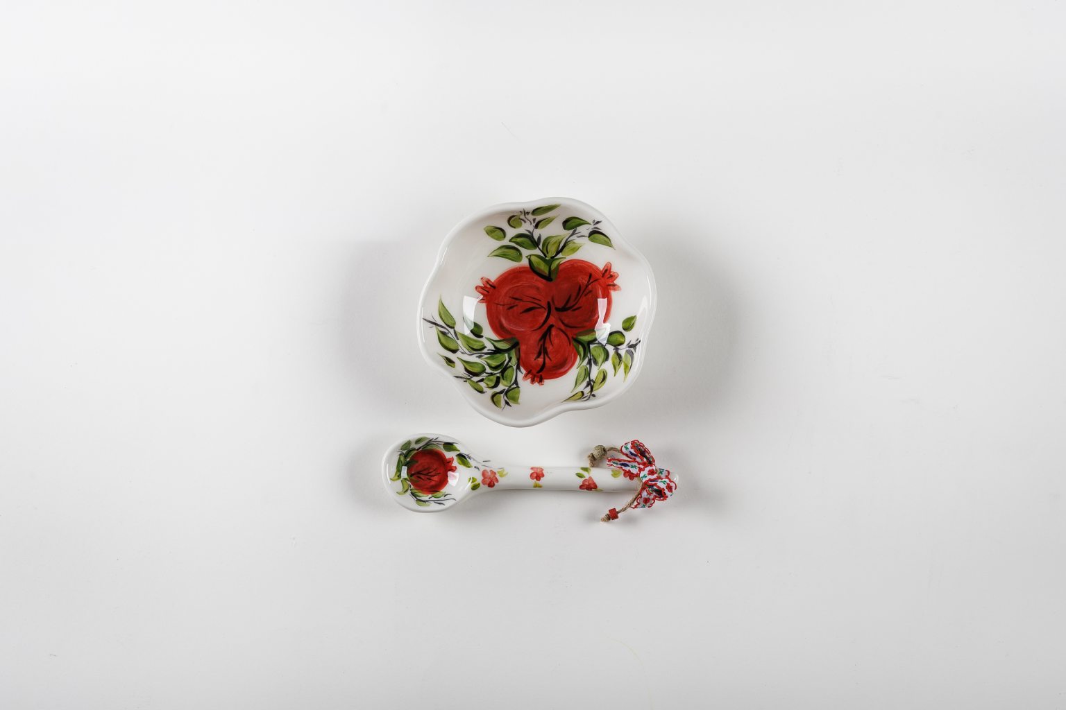 Handmade ceramic bowl & spoon with pomegranates