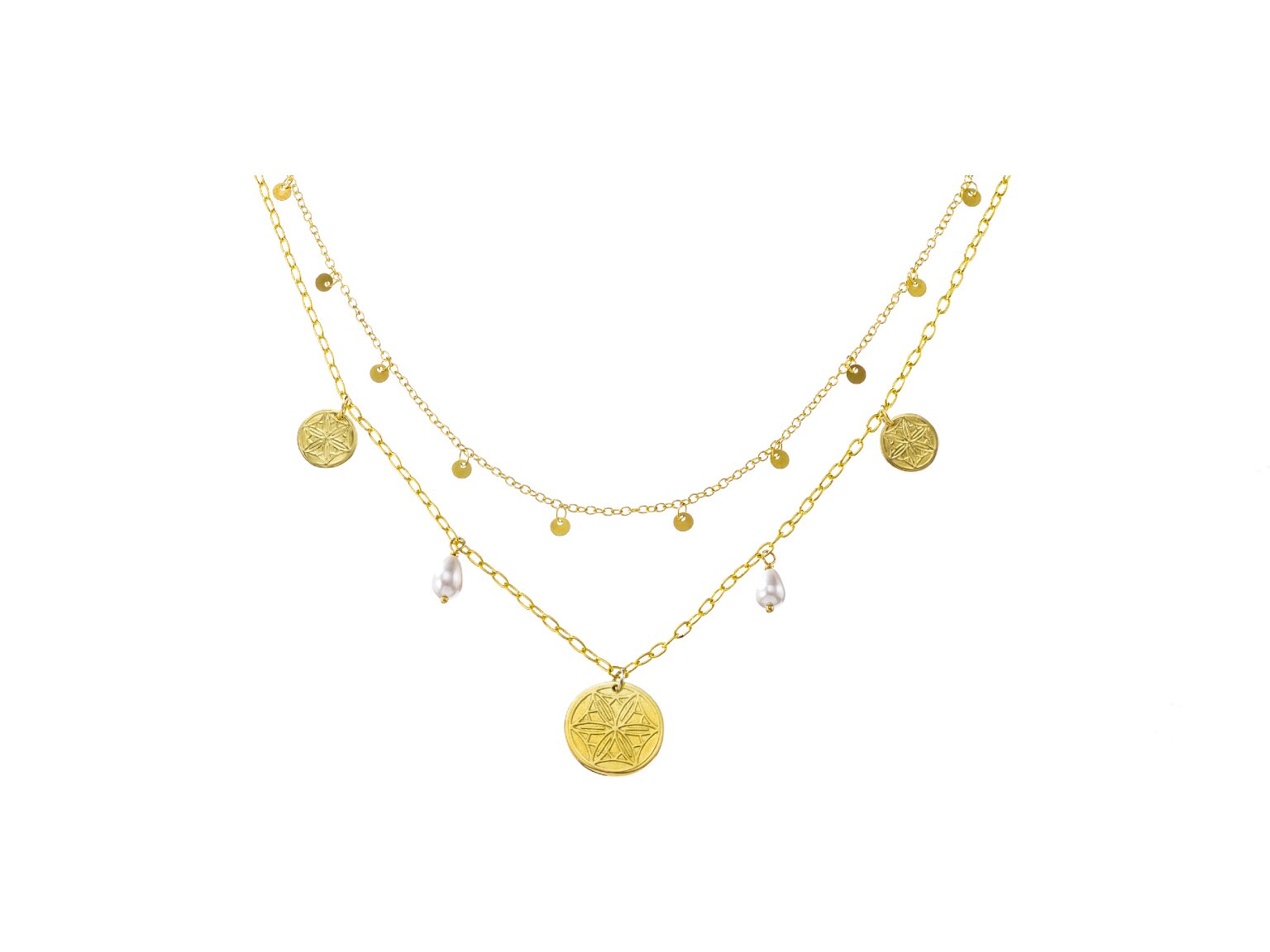 Double-strand necklace with golden discs