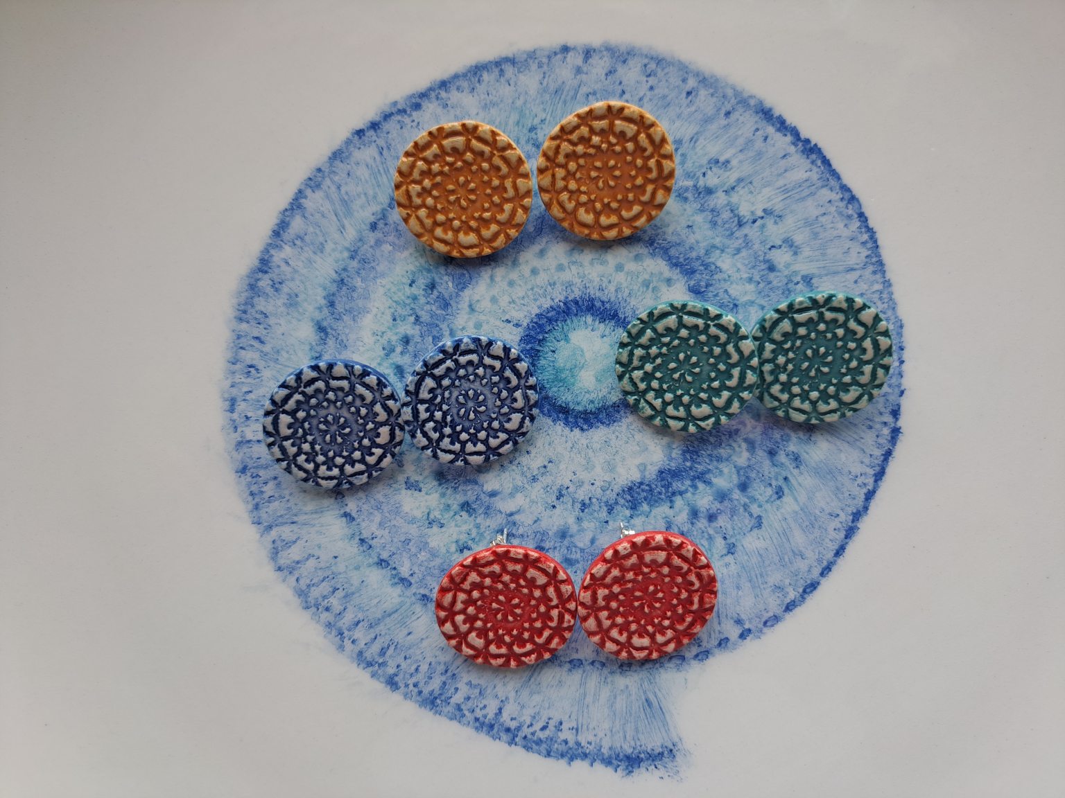 Handmade ceramic round red earrings